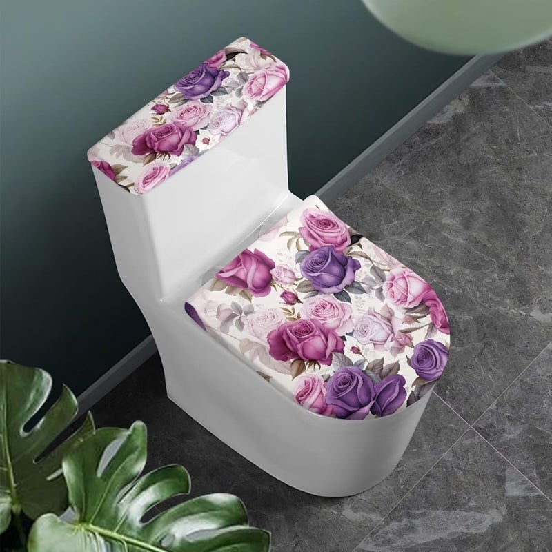 CREAMIC Purple Rose Toilet Lid Cover and Tank Lid Cover Machine Wash Bathroom Super Soft Toilet Lid Cover Set Seat Covers Fits Most Lids for Accessories Decor - Image 1